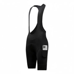 Black women's cargo bib shorts with side pockets, featuring a phone in the right hip pocket.