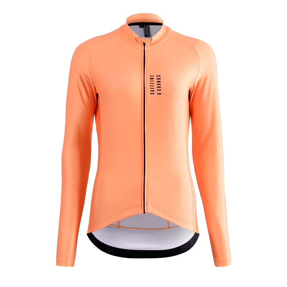 Front view of orange long-sleeve women's thermal cycling jersey with black zipper & logo.