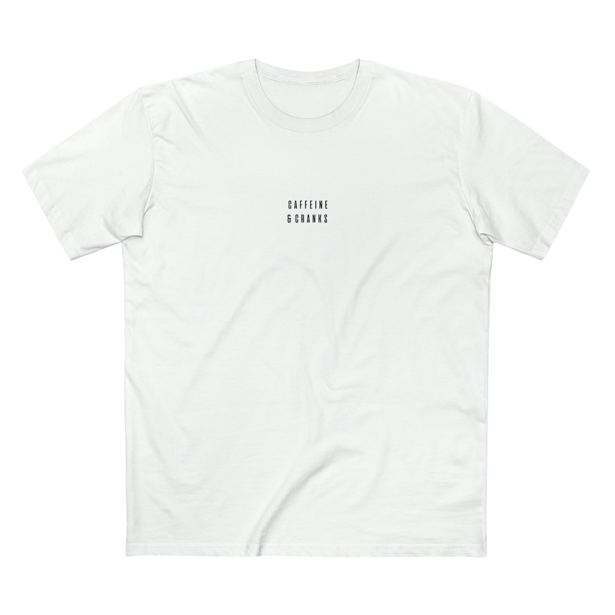 Flat lay of a white t-shirt with black "CAFFEINE & CRANKS" text.